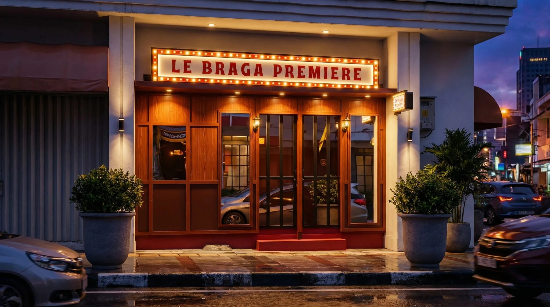 Eksterior Le Braga Premiere sebagai contoh venue dengan identitas visual kuat.