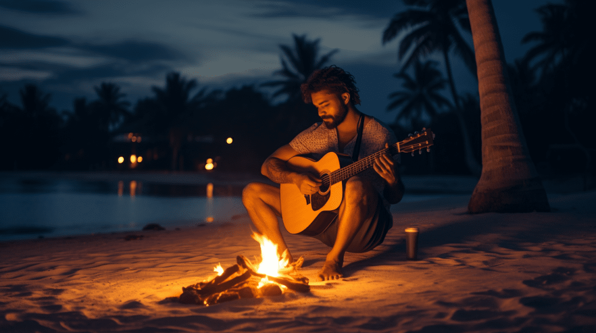 Duduk bersila sambil memetik ukulele