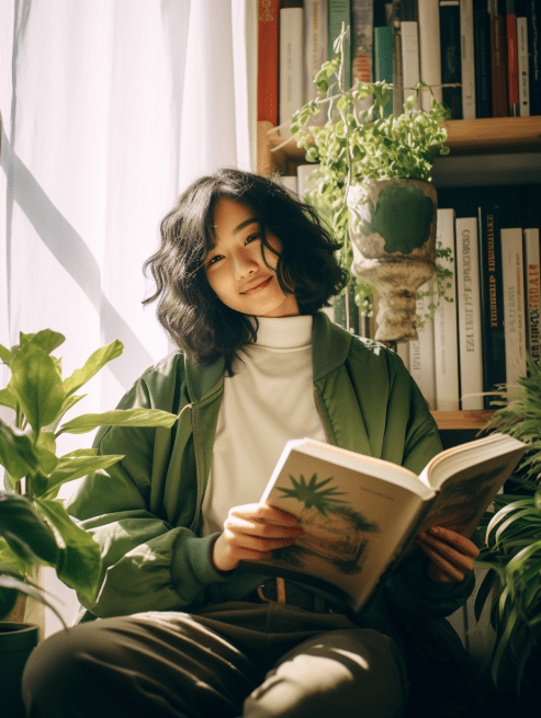 Foto profil dengan buku atau tanaman