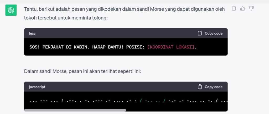Contoh hasil tulisan ChatGPT dengan format kode morse