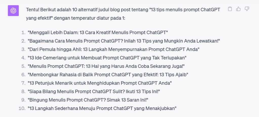 Contoh tulisan ChatGPT dengan temperatur 1