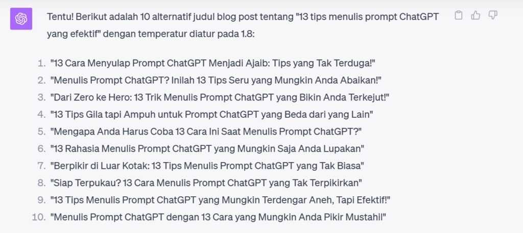 Contoh tulisan ChatGPT dengan temperatur 1.8