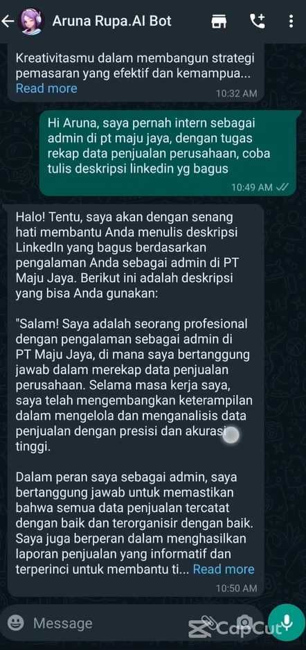 Screenshot contoh chat WA dengan chatbot Aruna - 2