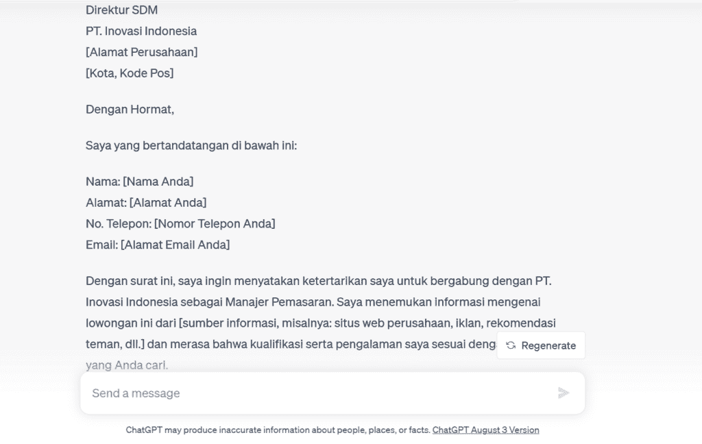 Conto hasil surat lamaran kerja dengan ChatGPT