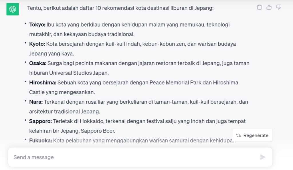 Contoh rekomendasi destinasi wisata dari ChatGPT
