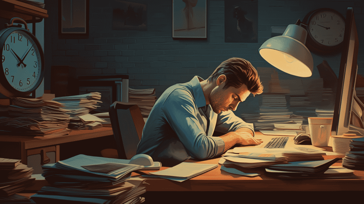 Ilustrasi pria yang bekerja keras sampai malam