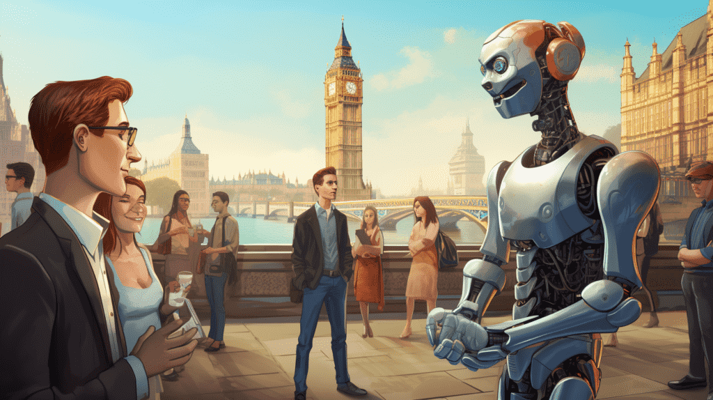 Ilustrasi robot berlibur di tempat wisata