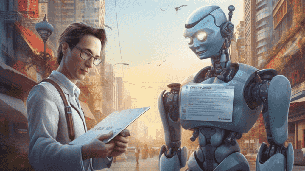 Ilustrasi pelamar kerja ditemani robot saat hendak melamar kerja