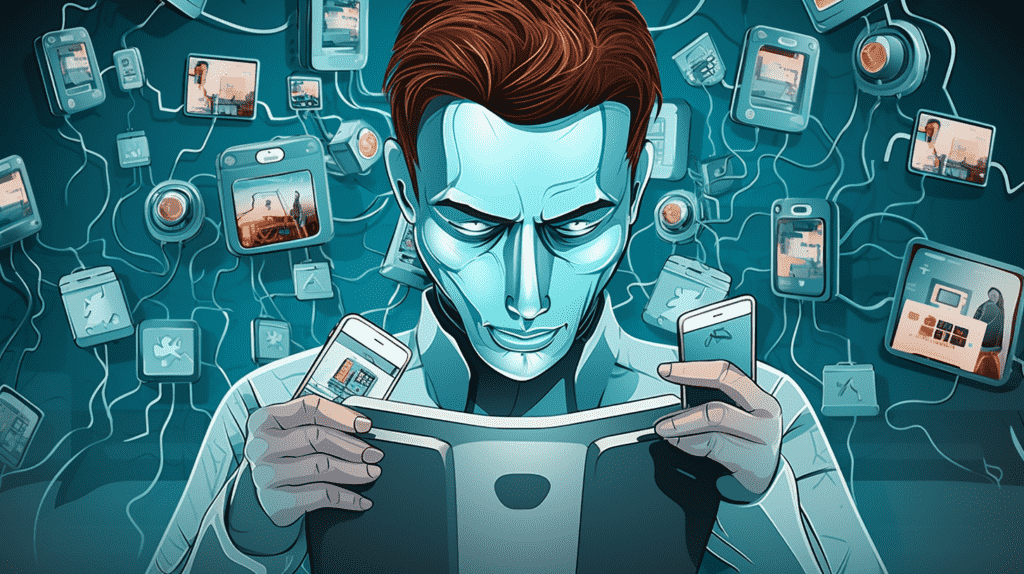 Ilustrasi robot sedang menggunakan smartphone