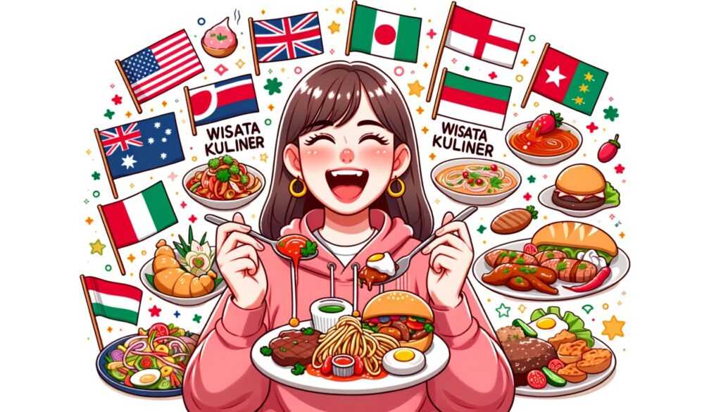 Ilustrasi wanita yang berwisata kuliner