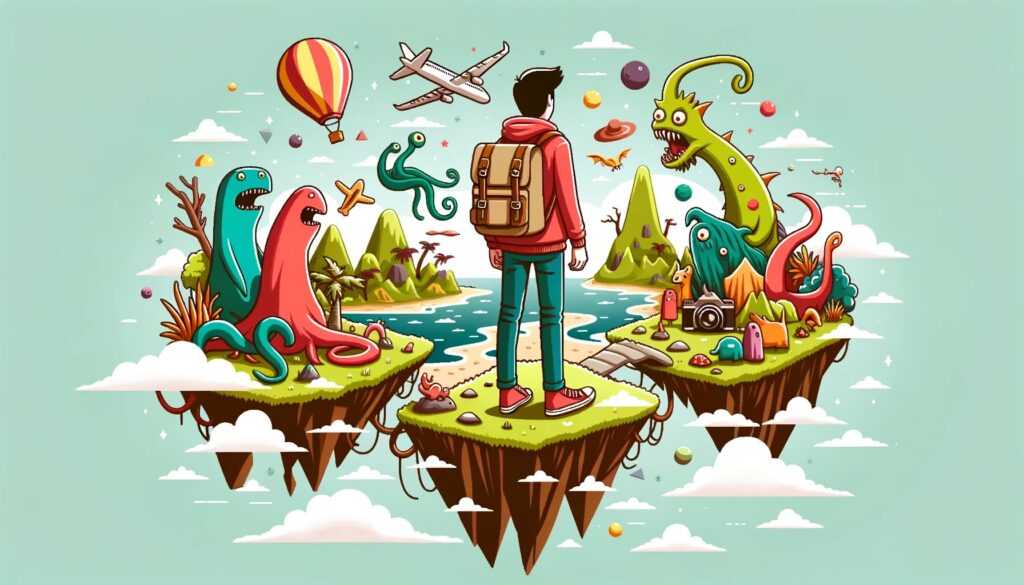 Ilustrasi pemuda yang traveling ke tempat surealis