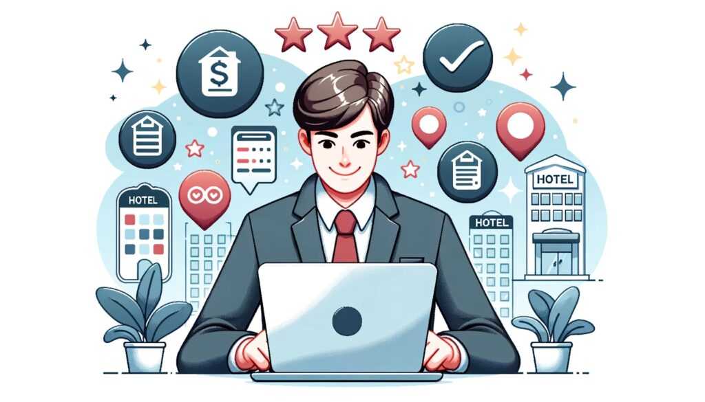Ilustrasi pria yang sedang meriset hotel di internet