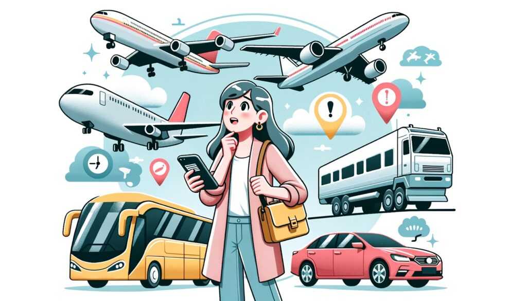 Ilustrasi wanita memilih moda transportasi traveling