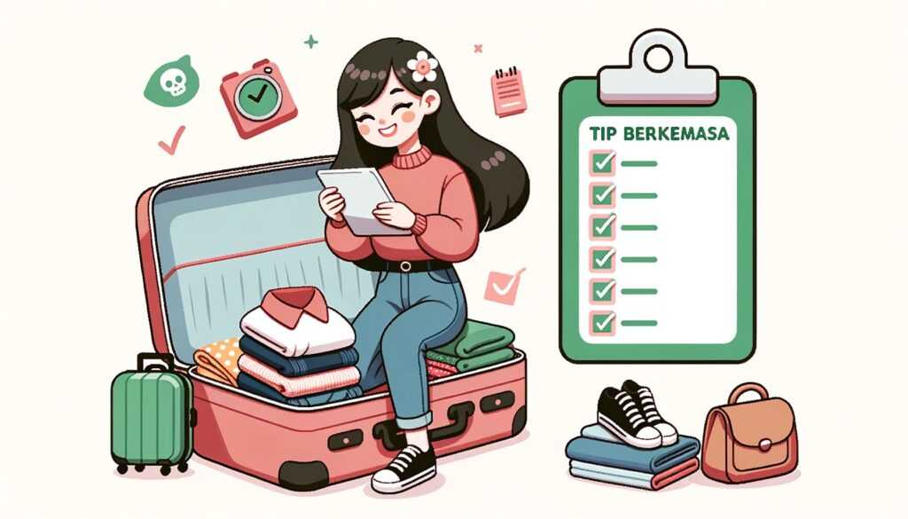 Ilustrasi wanita yang sedang mengemasi barang sebelum traveling