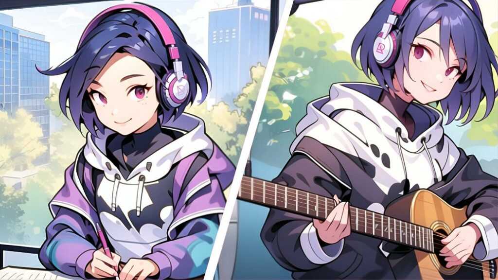 Ilustrasi Aruna AI bermain gitar dan menulis lirik