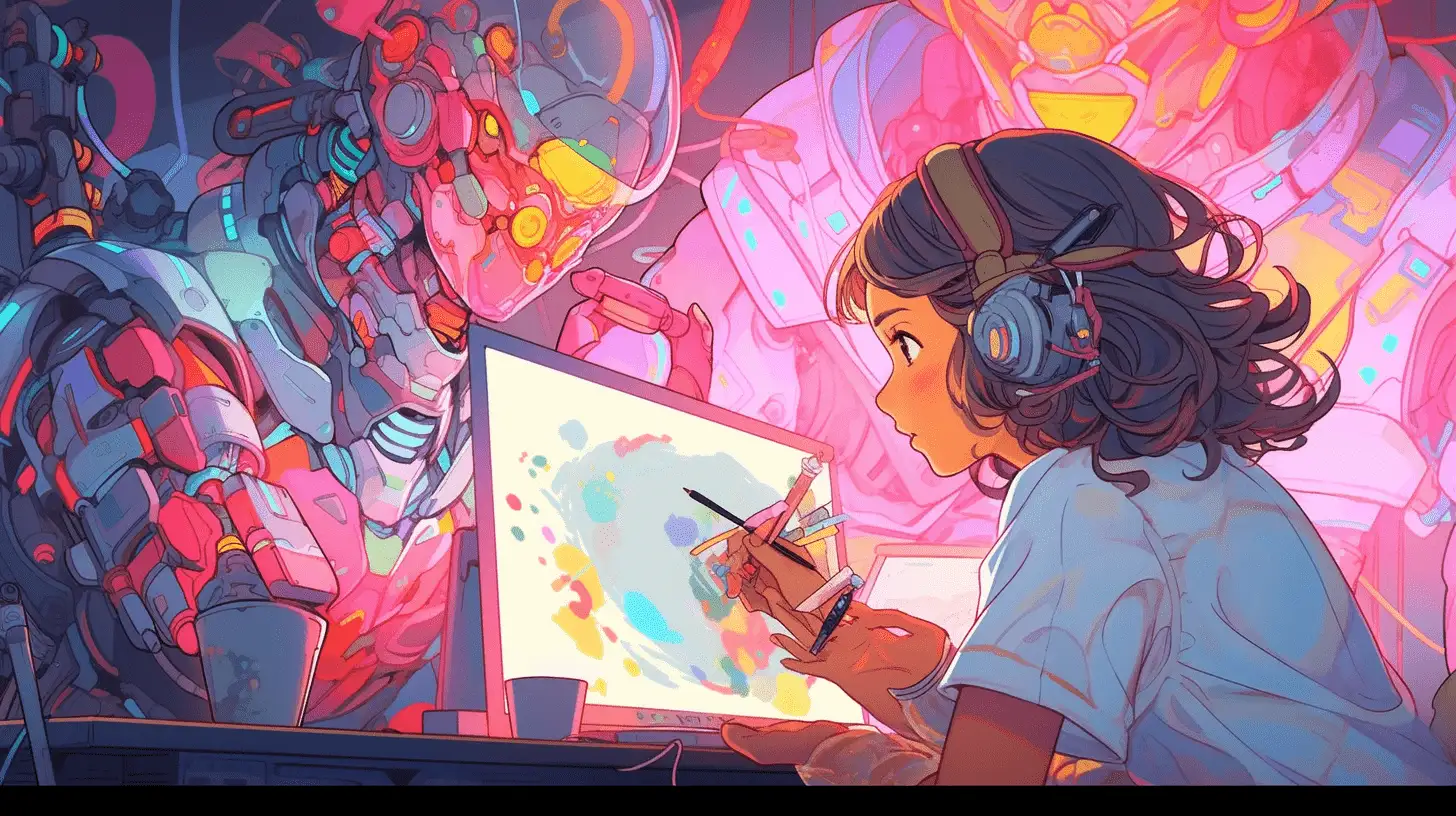 Ilustrasi artis membuat gambar memakai AI