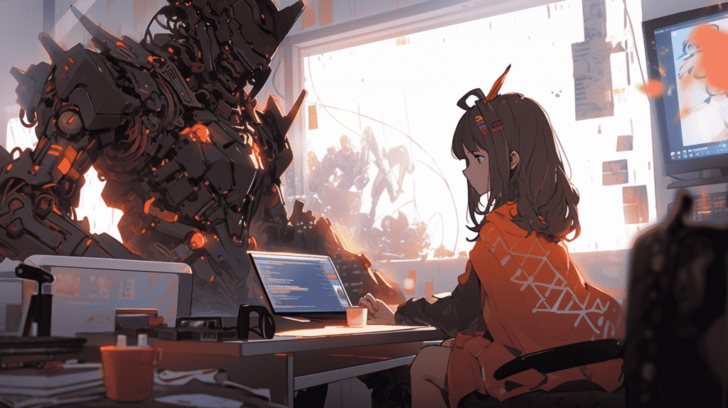Ilustrasi gadis dan asisten robotnya