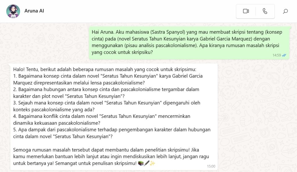 Contoh chat menulis rumusan masalah skripsi pakai Aruna AI -1