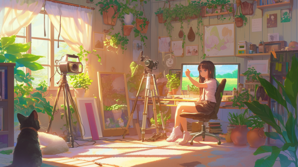 Ilustrasi perempuan tengah membuat self photo studio di rumah